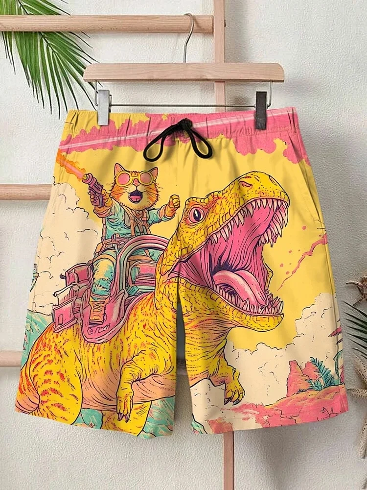 Colorful Men's Cat And Dinosaur Fantasy Art Print Shorts Boho Style Beach Drawstring Knee Length Bottoms Man Clothings Oversized