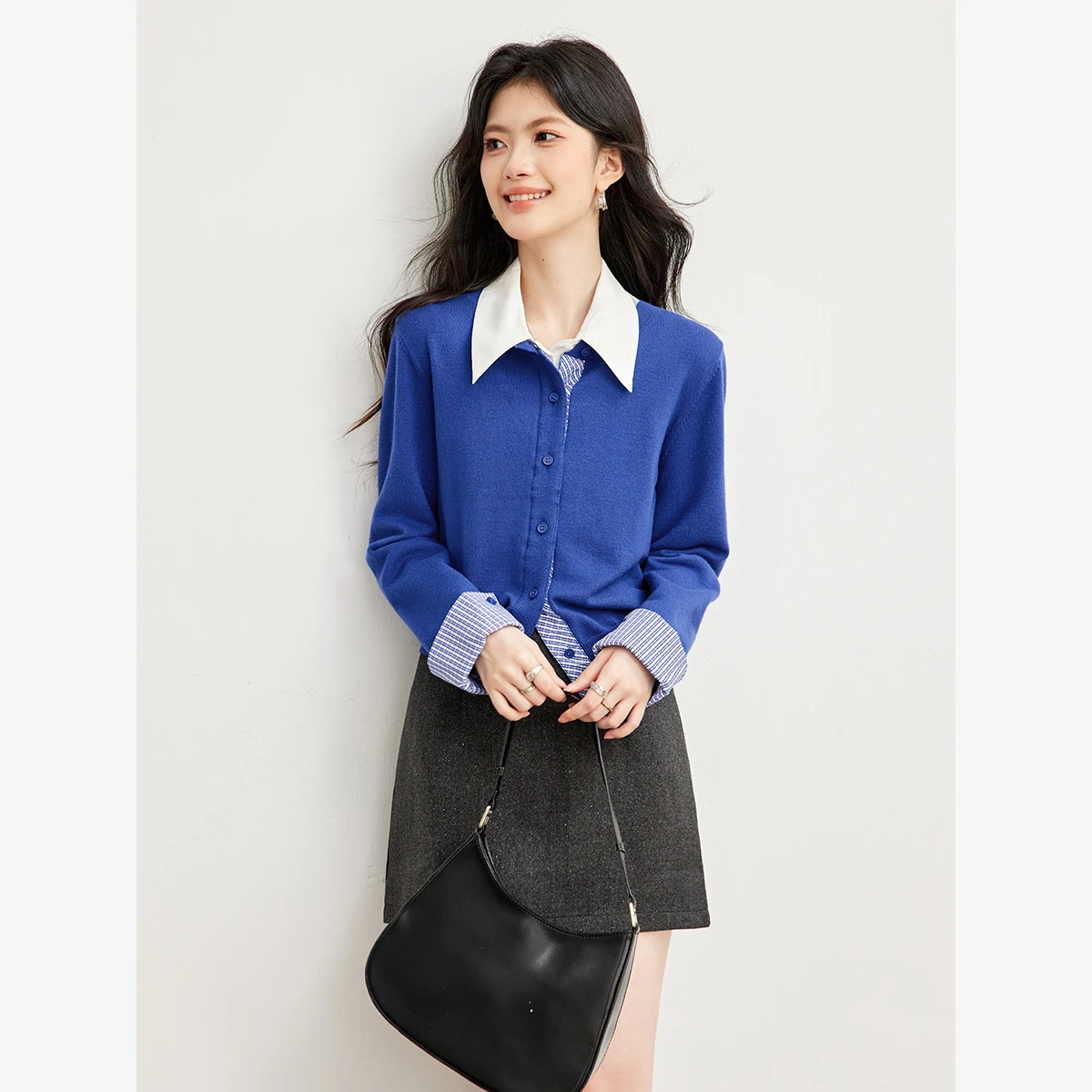 VIMLY Klein Blue Knit Cardigan Women Fall Elegant Fake Two Piece Plaid Splicing Sweater Round Neck Long Sleeve Top Female 75505