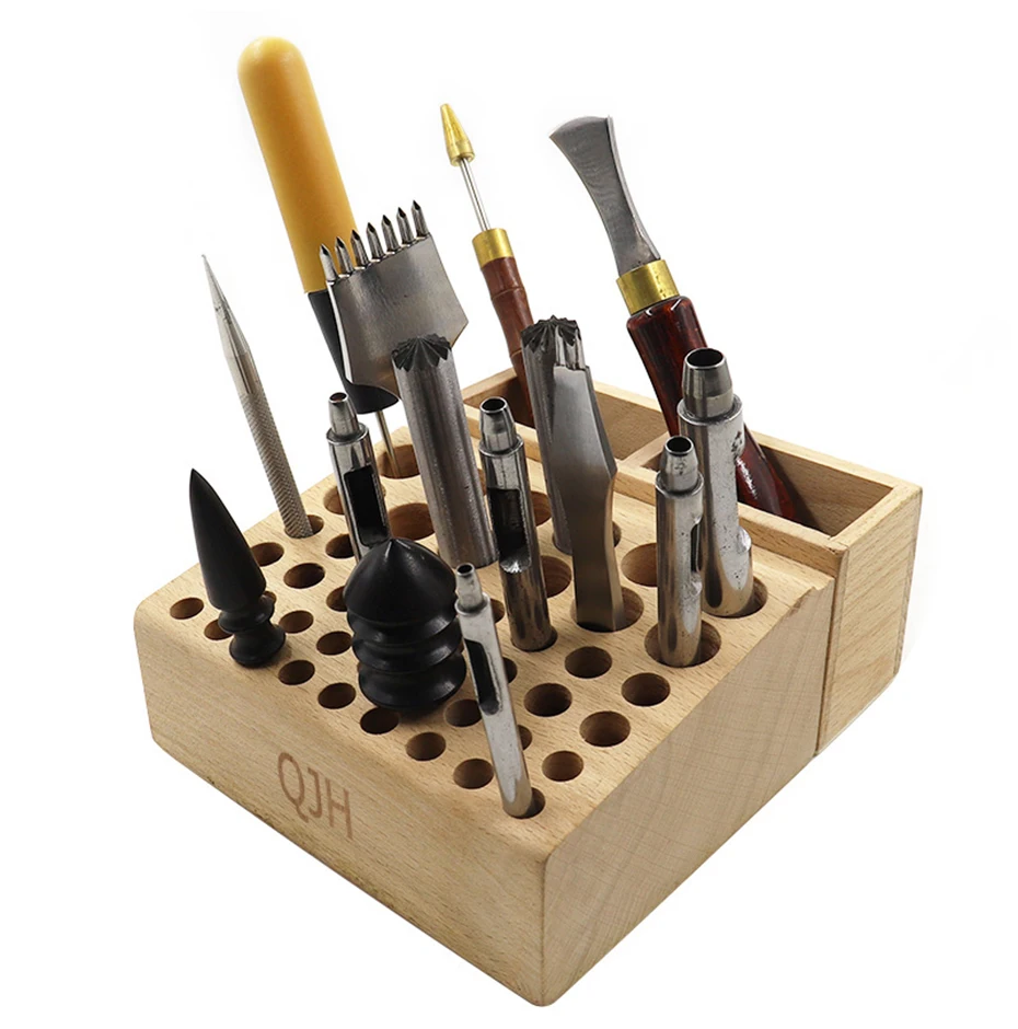 QJH Handwerkzeughalter-Box mit 46/98 Löchern, Organizer, Holzständer für Lederhandwerk, Stanzwerkzeuge, Schnitzwerkzeuge, Bohrer-Aufbewahrung – Detail 11