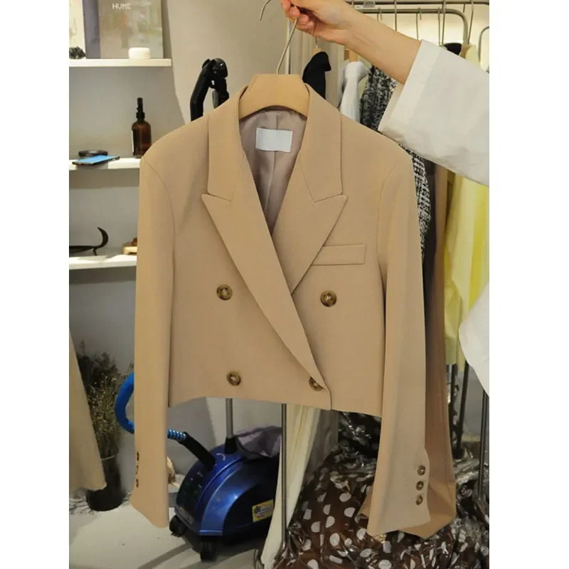 Women's Cropped Blazer British Style Double Breasted Long Sleeve Casual Suit Jacket In Black