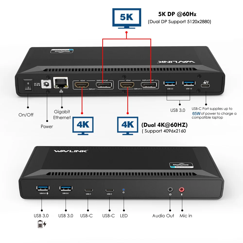 Wavlink-محطة إرساء متعددة الوظائف ، USB C Hub ، Dp 4K @ 60Hz ، HDMI TV ، USB Type C ، 14 في 1