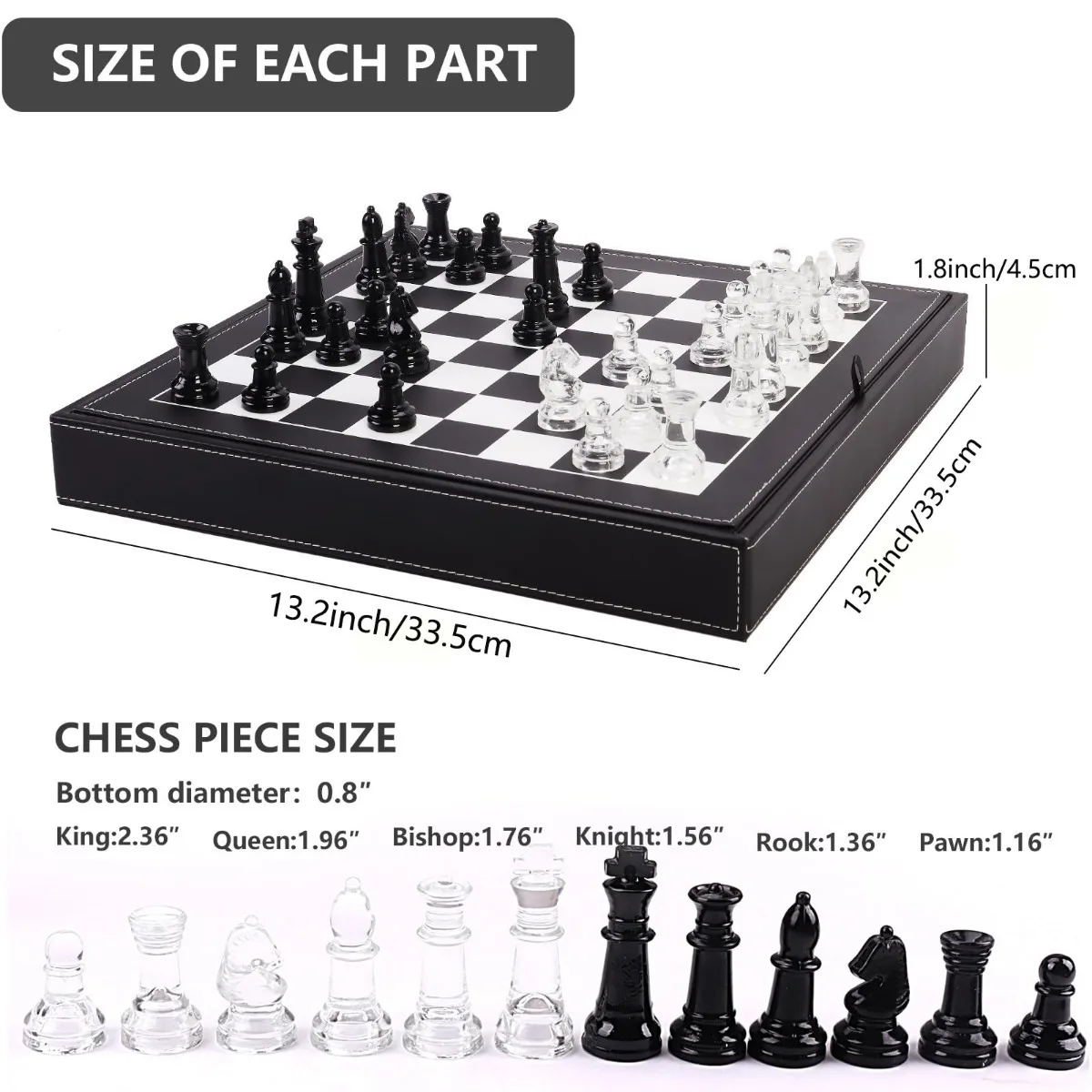 لعبة مجموعة الشطرنج الزجاجية، 2 كوينز إضافية، مع صندوق تخزين جلدي مقاس 13.2 بوصة/33.5 سم ورق شطرنج، لعبة لوحية للبالغين #3