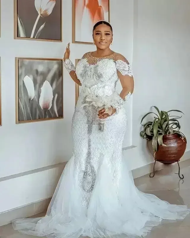 Customized Plus Size Mermaid  Long Sleeves Bridal Gown Jewel Beaded Lace Applique Sweep Train Wedding Dresses