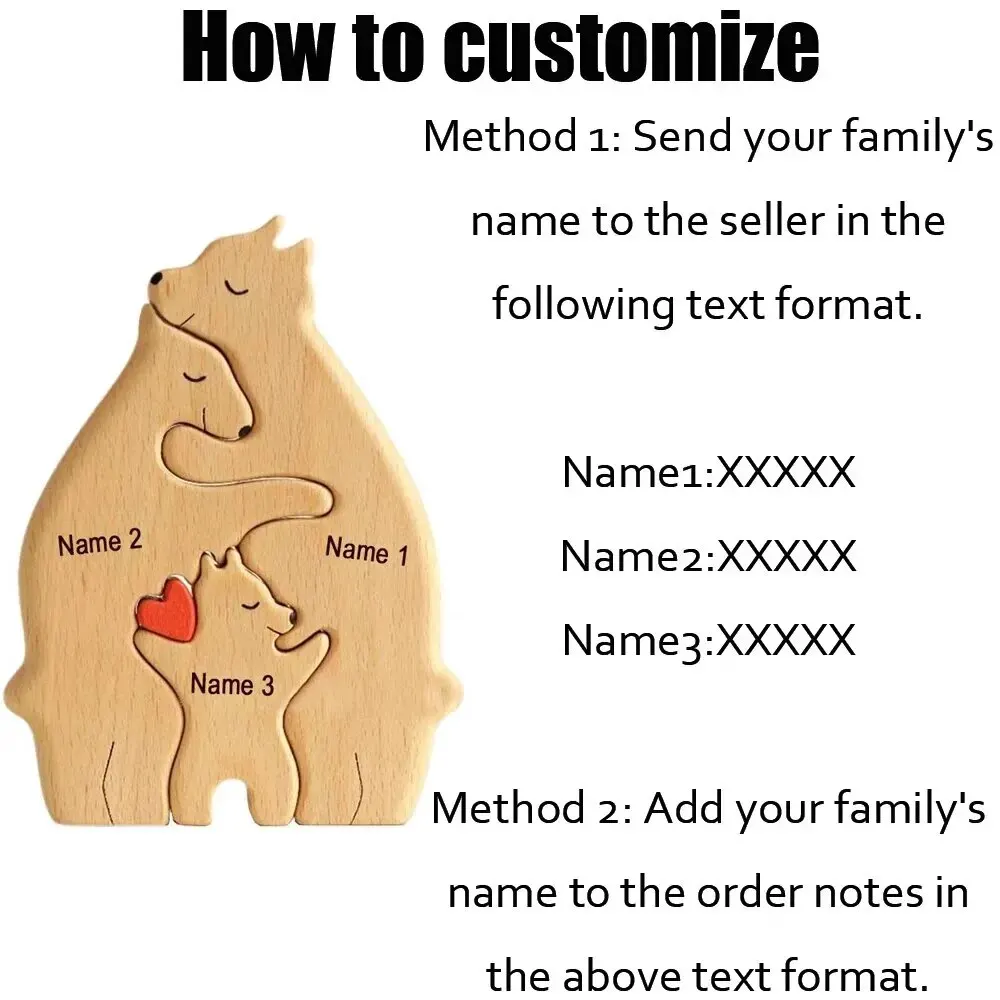 Personalized Custom Bear Family Wooden Puzzle Free Engraving Name for Birthday Gift Family Name Sculpture 2-7 Names Desk Decor