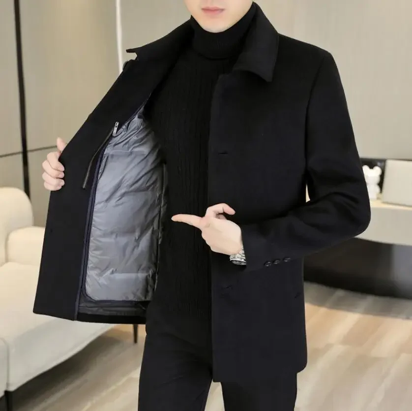 Business Casual Winter Men's Cotton Thicken Overcoat Solid Warm Mid-Length Windbreak Jackets Outwear Woolen Coats Trench