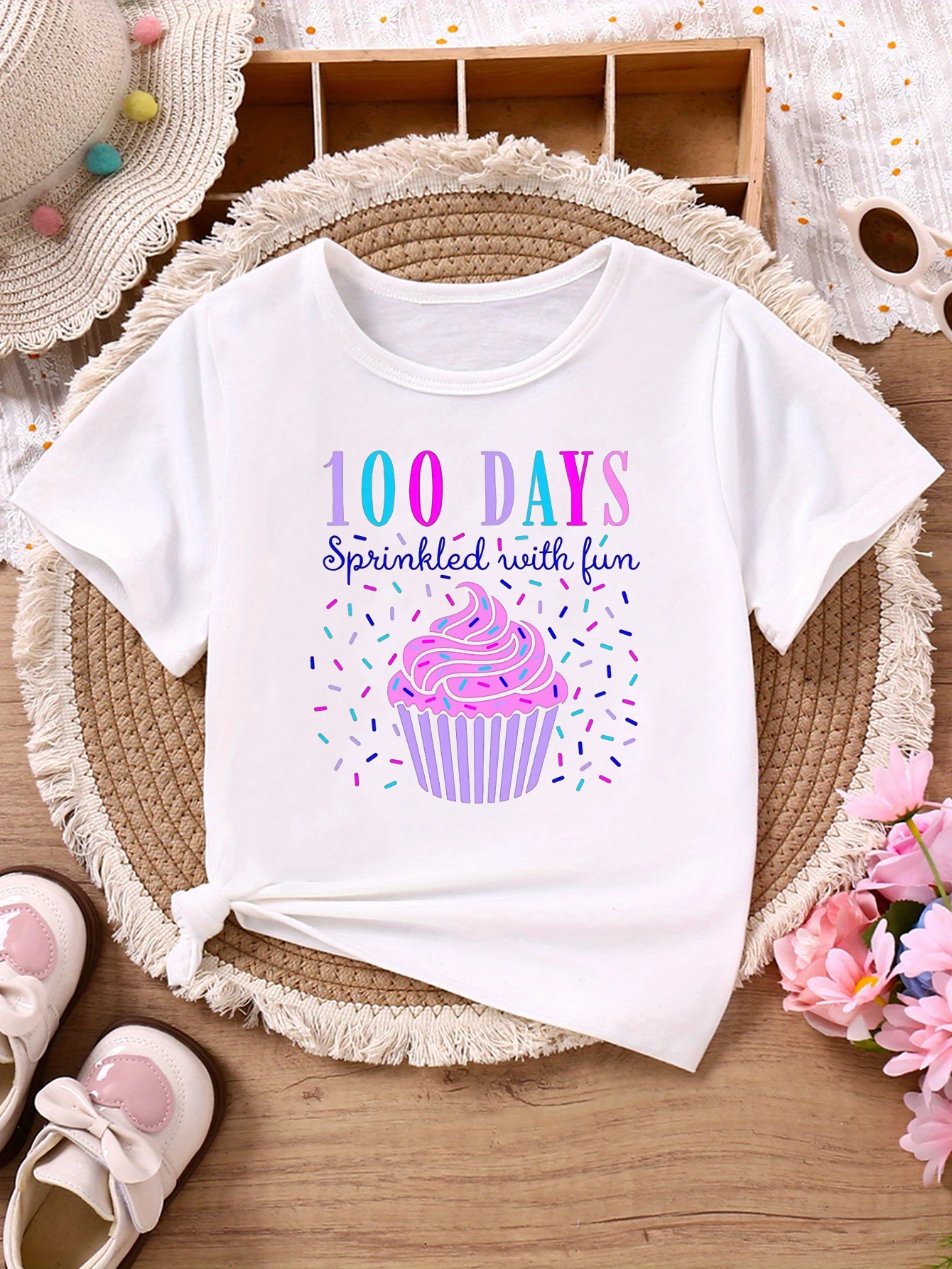 100 Days Sprinkled With Fun Ice Cream Printed T Shirt Girls Back-To-School Season T-Shirt Funny Kids Clothes