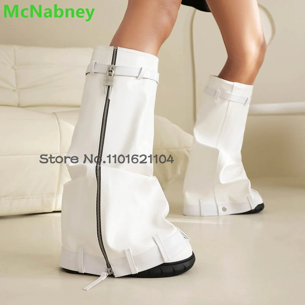 Metal Lock Shark Luxury Boots For Female Women 2024 Newest Wedges Heel Round Toe Zipper Design Solid Knee-high Elegant Shoes