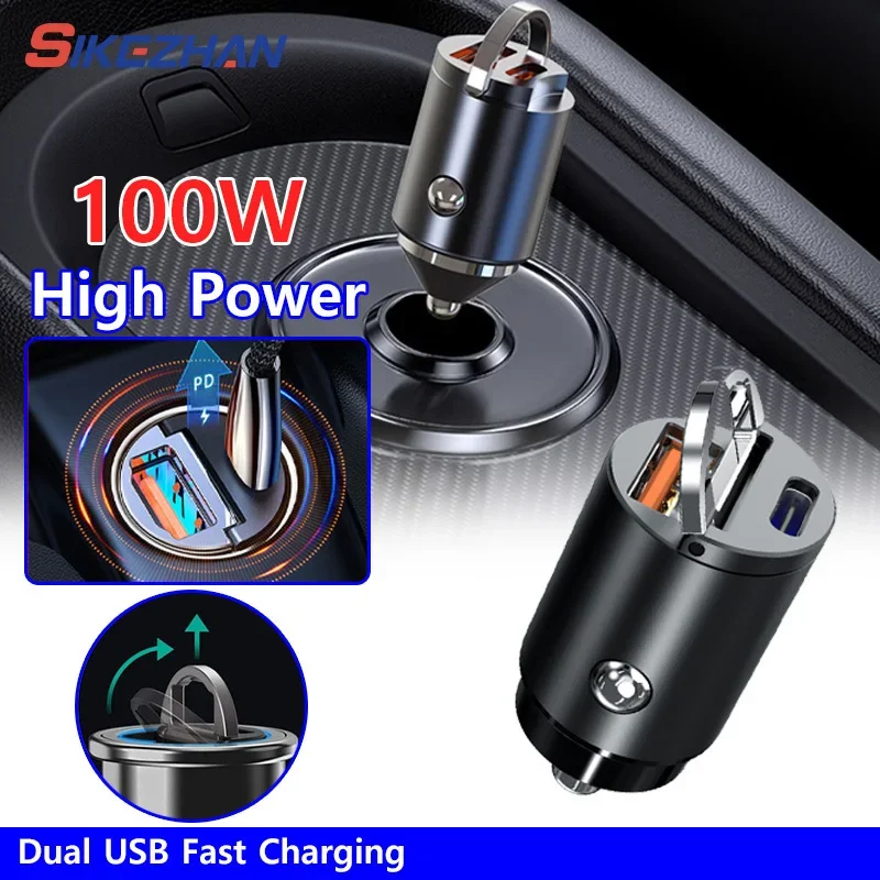 

100 Вт двухпортовый мини-USB-адаптер, автомобильное зарядное устройство, сверхбыстрая зарядка, розетка для прикуривателя, адаптер для зарядки телефона для IPhone IPad