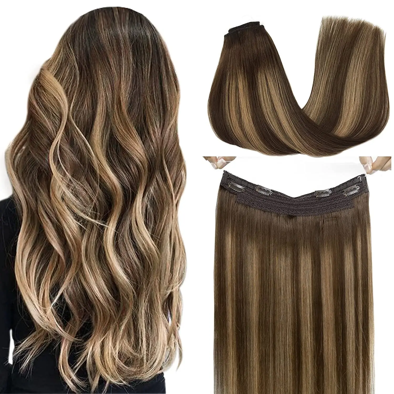 Hair Extensions Human Hair Chocolate Brown Highlight Caramel Blonde Remy Silky Straight Hair fish line hair Extension