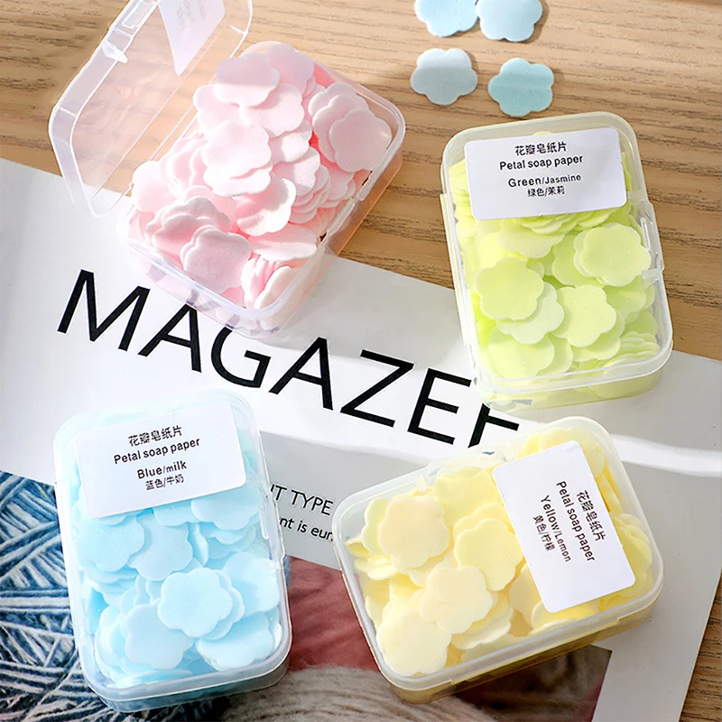 

100Pcs/Box Portable Skin Friendly Fresh Hand Washing Toilet Soap Slice Disposable Petal Soaps Flakes Household for Girls/Travel