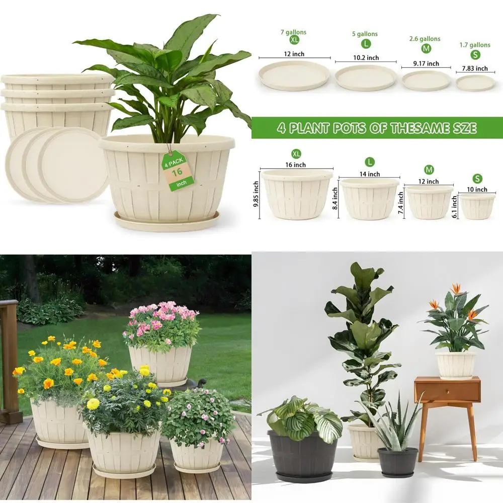 

quarut plant planters pots set of 4 pack 16 inch，large plastic flower pot for indoor plants with drainage holes & trays, whiskey