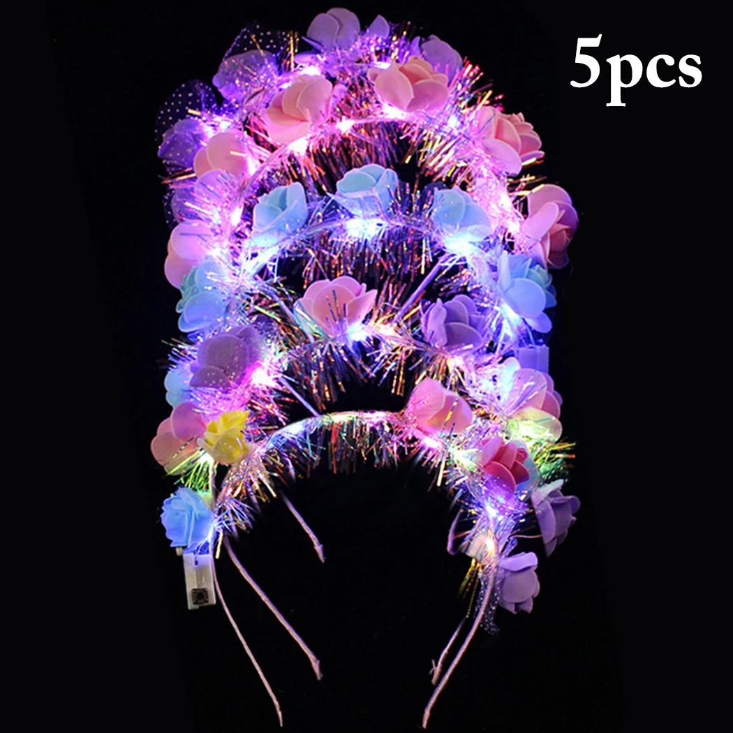 5Pcs LED Flashing Flower Headband Women Girl Light Up Hair Wreath Garlands Headwear Glowing Wreath Rave Birthday Party Supplies