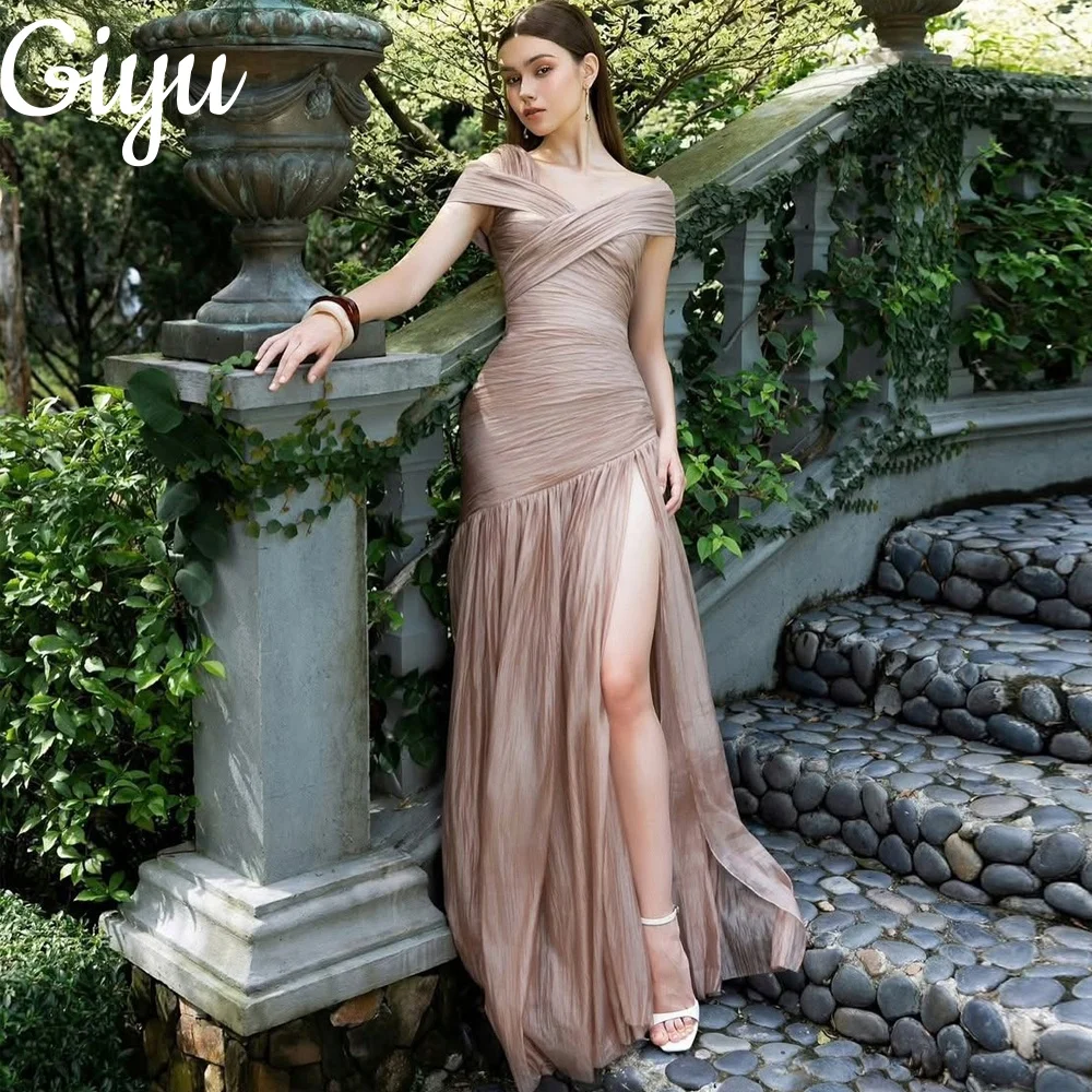 

Giyu Light coffee Chiffon Evening Dresses New Modern A-Line Off Shoulder Prom Dresses Side High Slit Pleat Prom Gowns Customized
