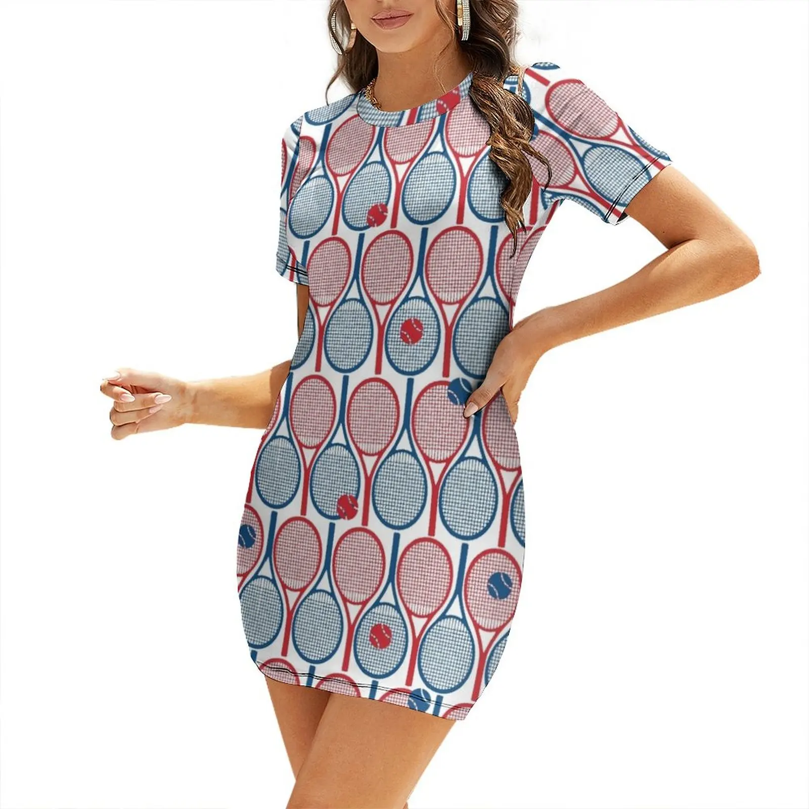 

All tennis rackets pattern: red and navy blue on white backbround Short Sleeved Dress Long dresses Woman fashion fairy dress