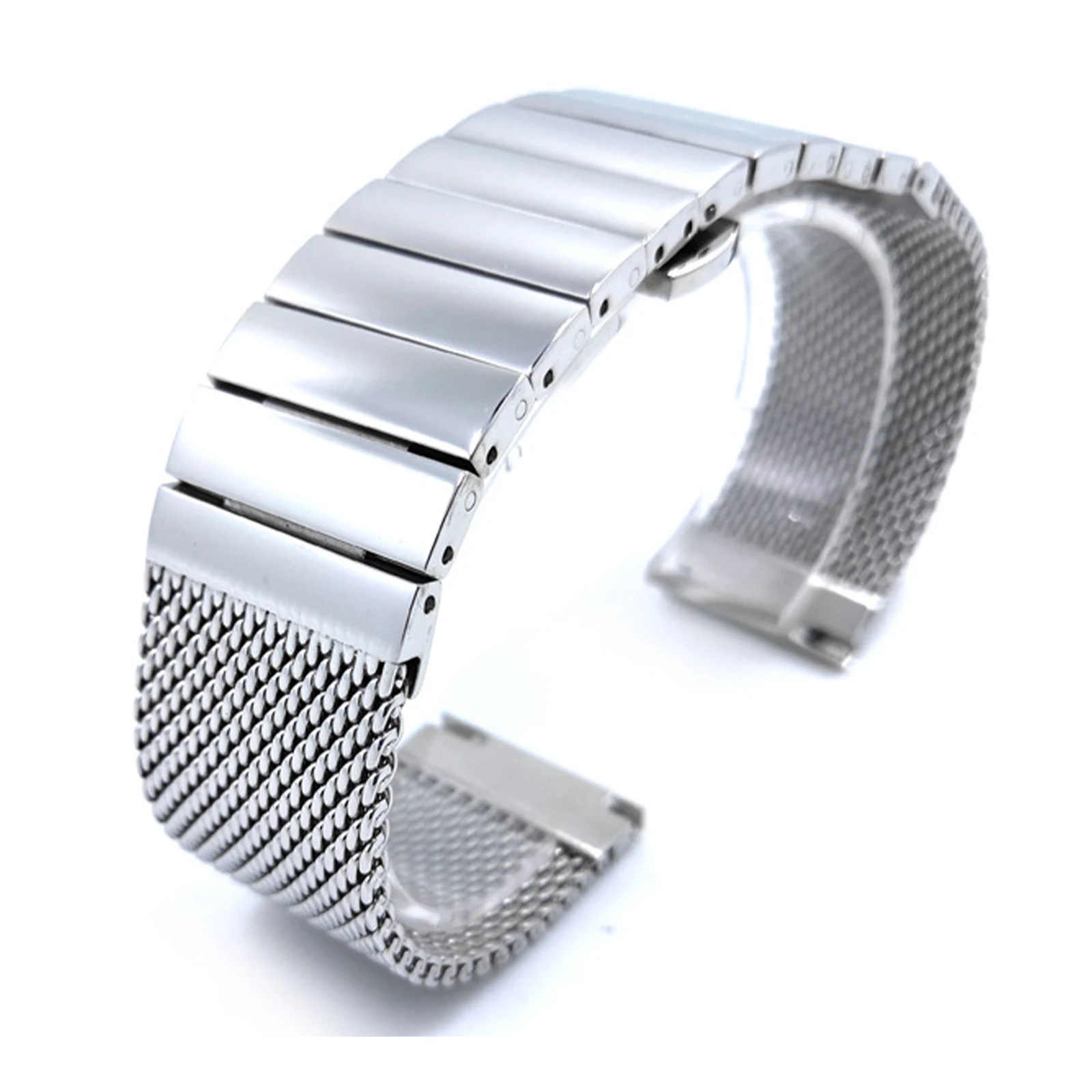 الراقية الفضة الفولاذ المقاوم للصدأ 20mm ميلانو شبكة الويب وشريط حزام (استيك) ساعة حزام سوار مع زر الضغط المشبك المخفي حزام الساعات #1