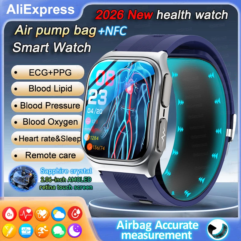 Nouvelle montre connectée de santé 2026, surveillance de la pression artérielle, des lipides, de l'acide urique, ECG, NFC, température corporelle, appel Bluetooth, montre connectée de santé