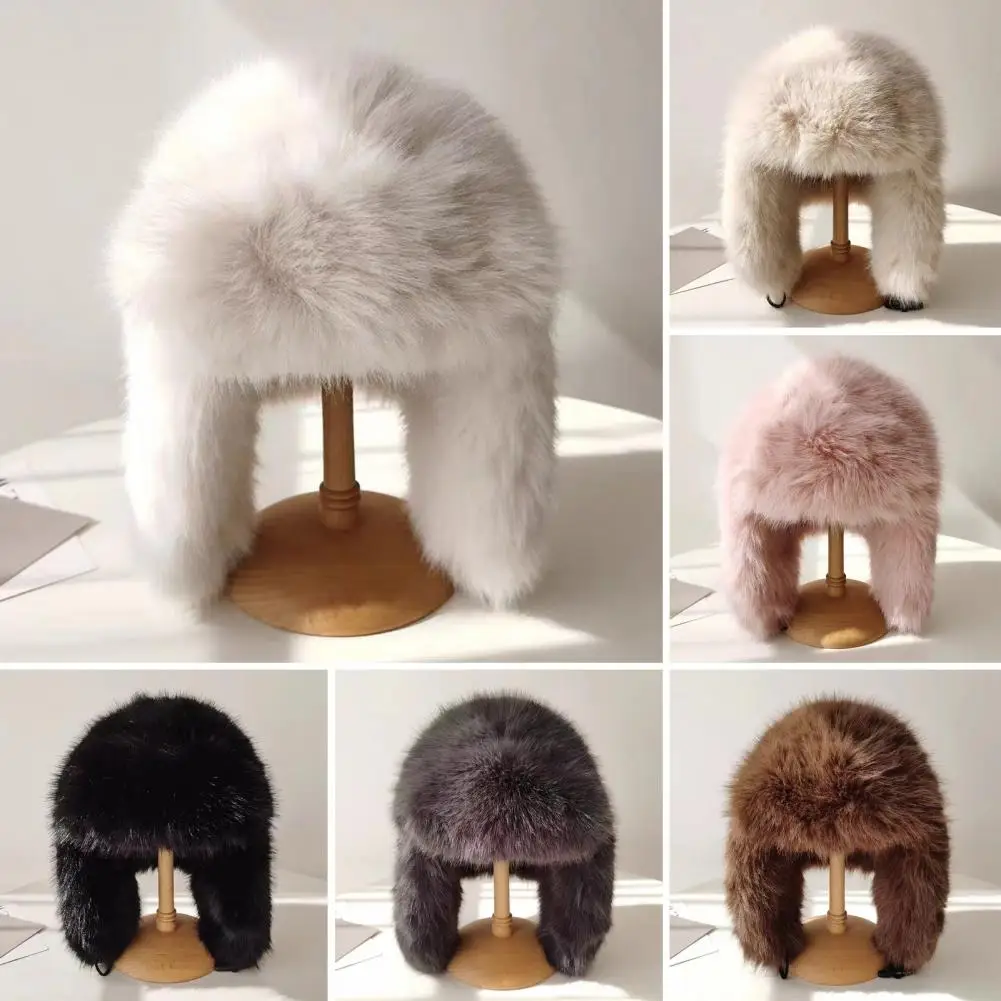 Plush Lei Feng Hat Solid Color Women Winter Hat Thermal Faux Fox Fur Beanies Hat With Long Ear Protection Sombrero De Invierno