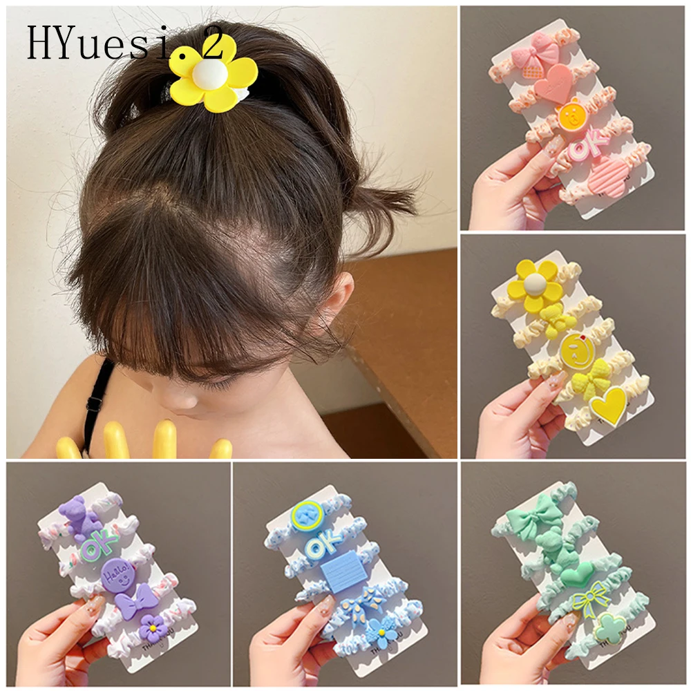 5pcs/Set Cute Heart Bow Bear Hair Ropes Candy Color Elastic Hair Ties Fashion Flower Ponytail Holders Hair Rings For Baby Girls