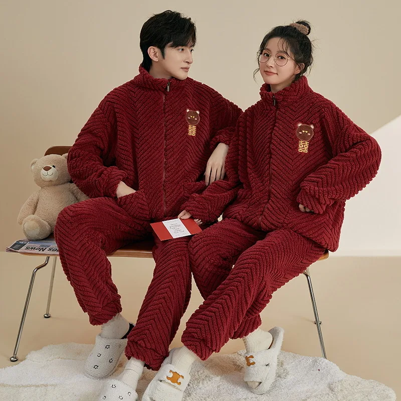 2023 Winter Couple Red Color Zipper Thick Warm Flannel Pajama Sets For Women Korean Loose Sleepwear Men Homewear Home Clothes