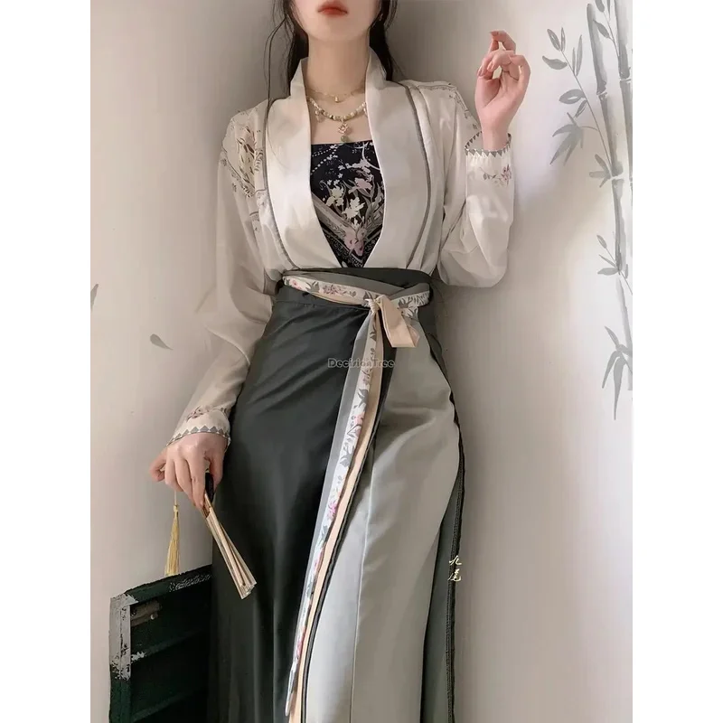 2023 chinese hanfu improved women's song dynasty clothes three-piece hanfu set spring and summer printed daily retro hanfu s380