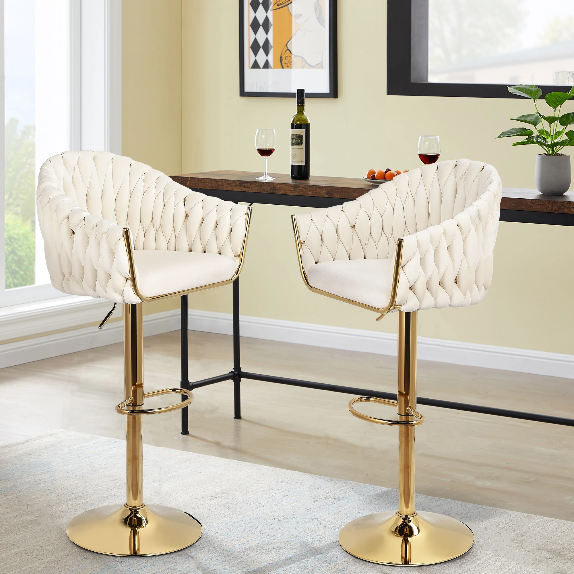 2 Pieces Set Velvet Woven Bar Stool, 360°Rotation ,with Backrest,Adjustment Height Gold Plated Chair Legs Counter Stool