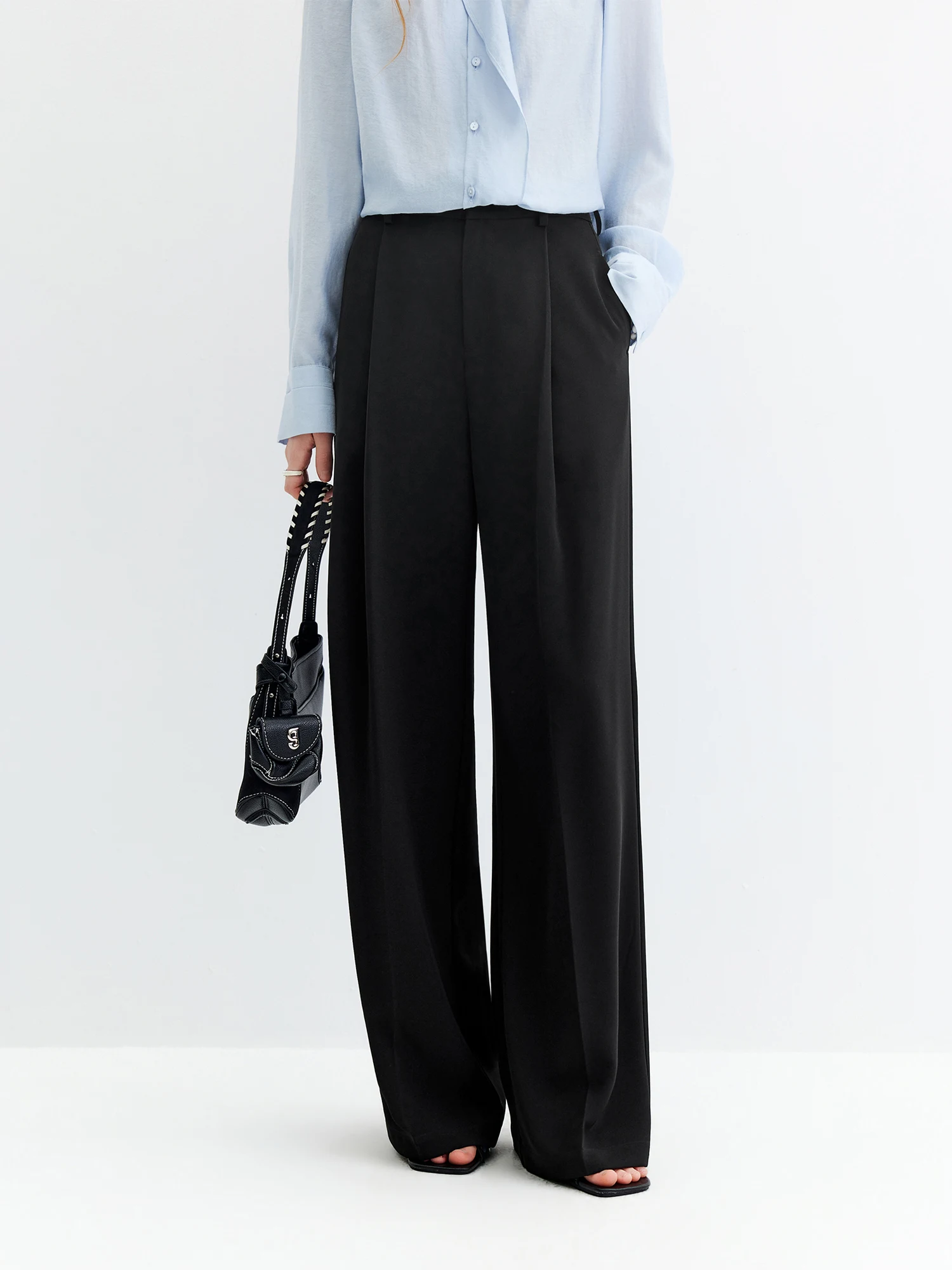 FSLE 2026 Fall Women's Cuffed Hem Straight Leg Pants, High Waist Black Work Trousers for Versatile Office Daily Style Minimalism