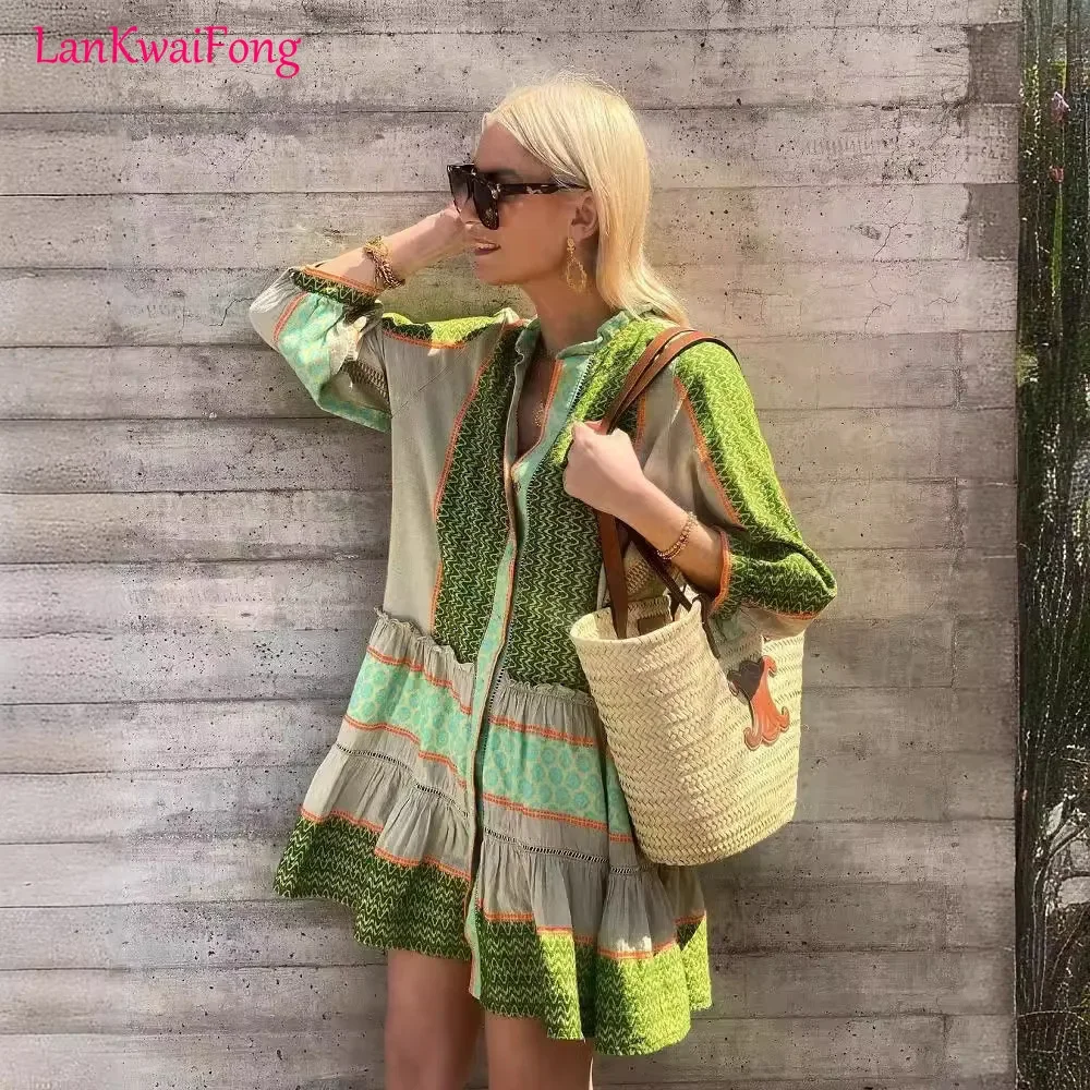 Spring Outdoor Leisure Women's Dress Cotton Hemp Green Printed Spliced Cardigan Single Breasted Loose Short Dress Women