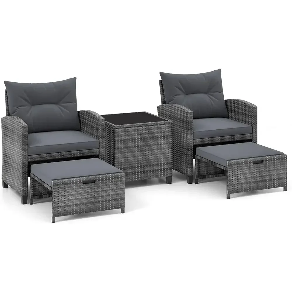 5-Piece Outdoor Wicker Furniture Set with Chairs, Ottomans, Stool, Cushions, and Glass Table (Mixed Grey)