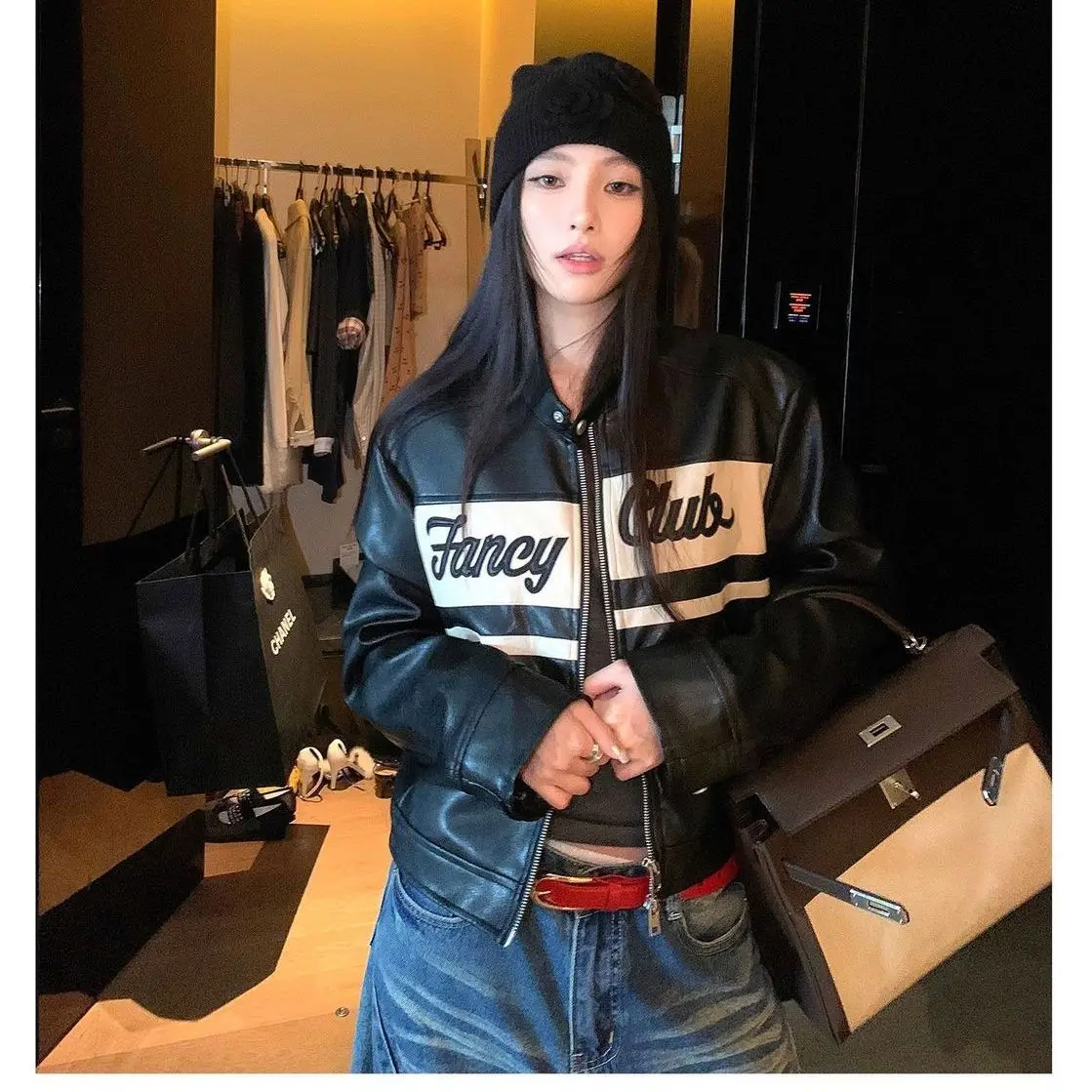 Sweet Cool Girl's Black PU Leather Jacket Fancy New Autumn Loose Fit Stand Collar Celebrity-Inspired Biker Jacket Fur Coat