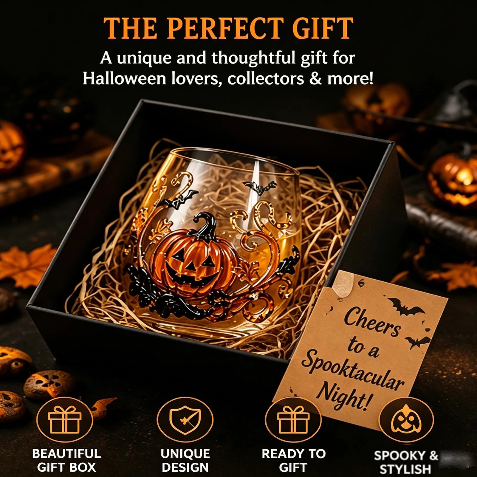 ​3D Halloween Artisan Glassware Hand-Painted Glass Cups with Ghost/Pumpkin/Spider/Black Cat Designs Premium Glass for Party