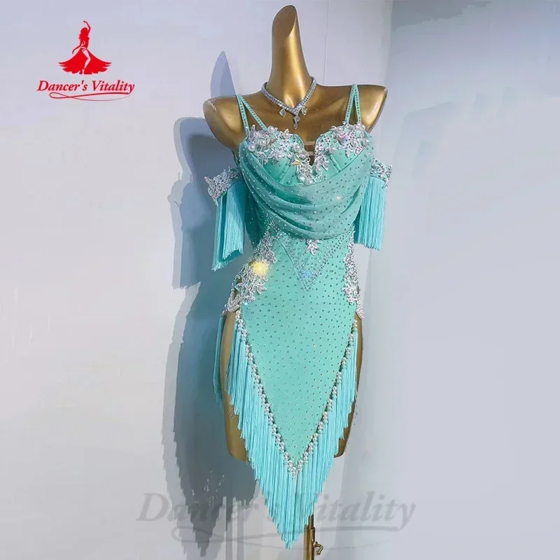 Latin Dance Performance Dresses for Women Customized Exquisite Pearl Tassel Dress Tango Samba Professional Competition Costume