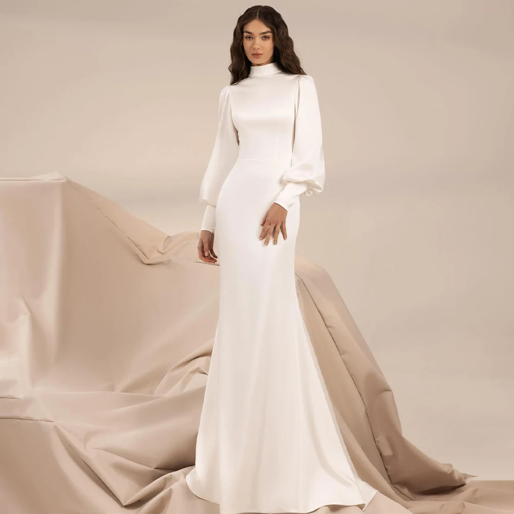 

Elegant Women's Wedding Gowns Long Puffy Sleeves High collar Mermaid Wedding Dresses Backless White Satin Trumpet Bridal Dress