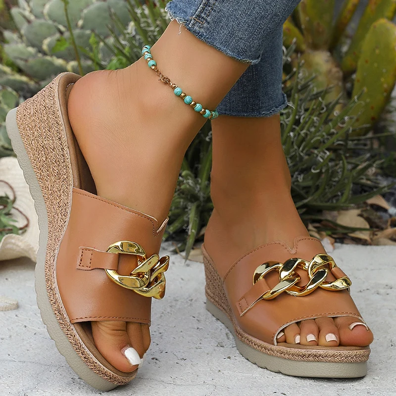 

Women Shoes Summer Metal Decor Pu Leather Slippers Women Fashion Peep Toe Wedge Sandal Ladies Solid Color High Heel Slides Mujer