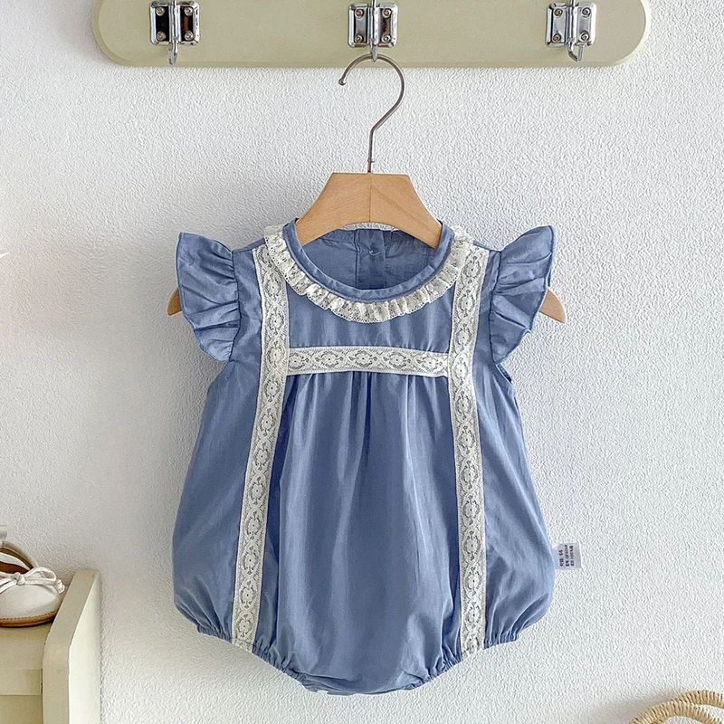 2026 New Summer 0-24M Children Clothes Toddler Baby Girls Jumpsuit Flying Sleeve Cotton Lace Splicing Newborn Baby Girl Romper