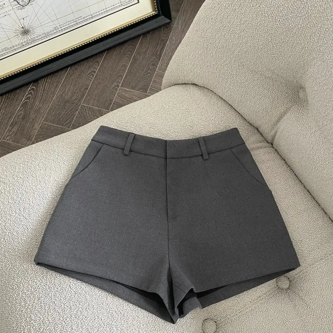 Taille haute noir costume pantalons courts femmes printemps été vêtements de plein air gris a-ligne jambe large minceur décontracté pantalons thermiques 2025