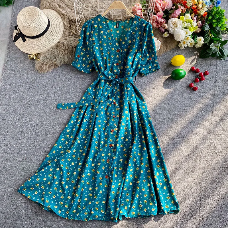 

Fragmented Flower Dress Short Sleeve 2023 Autumn New Style V-Neck Lace Up Waist Slim Large Swing Long Dress