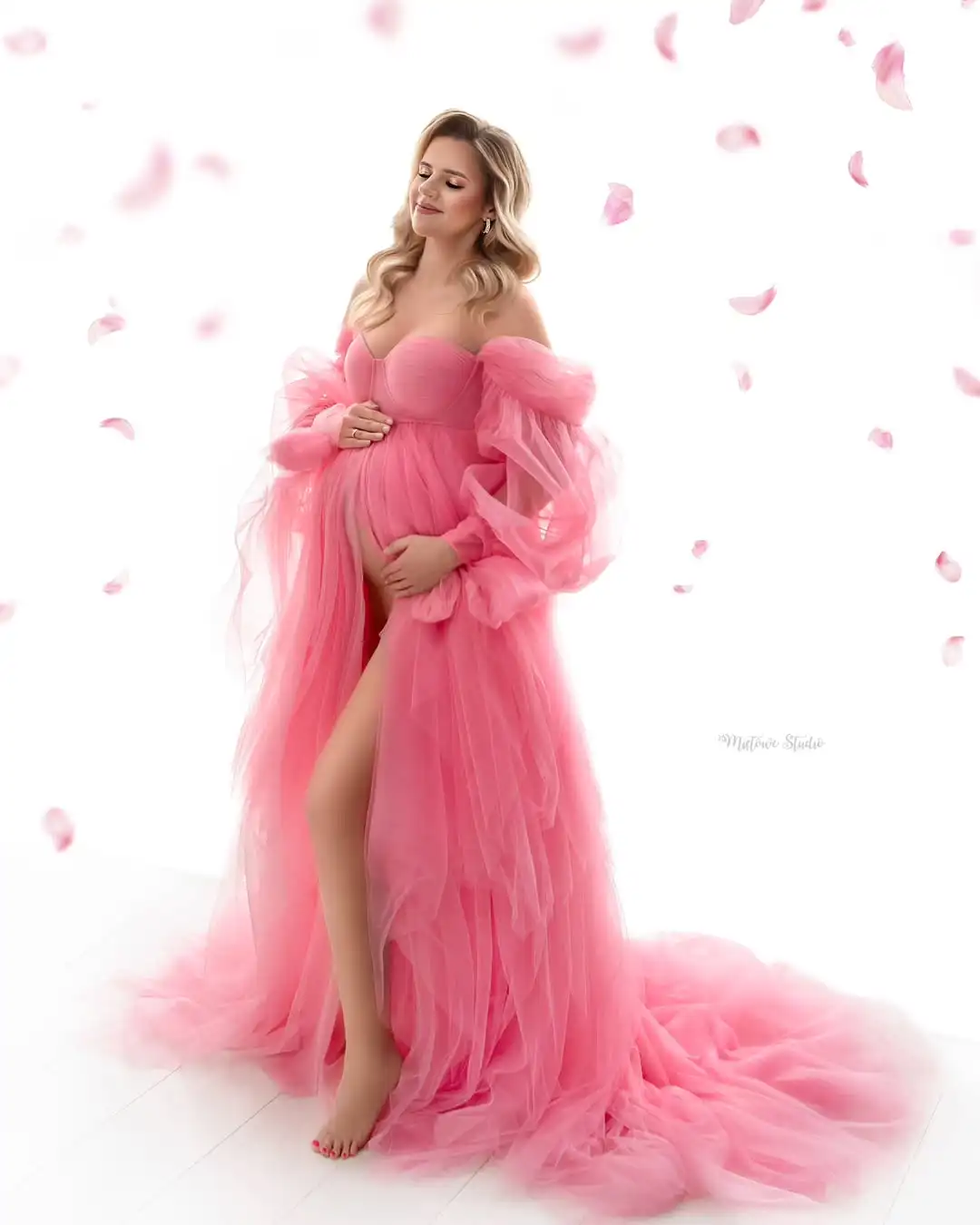 Pêssego rosa tule vestidos para grávidas fora do ombro querida vestidos de fotografia para as mulheres frente aberta vestido de festa grávida