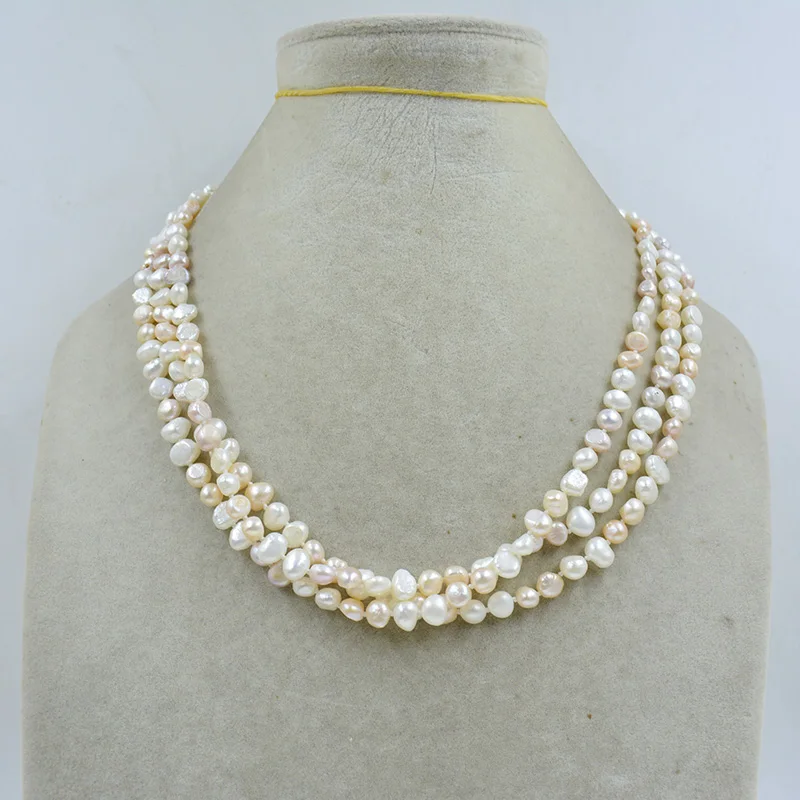 New 3 ROW Natural freshwater pearl 6-7 mm  AAA irregular shaped baroque White pink purpl peael necklace 46CM