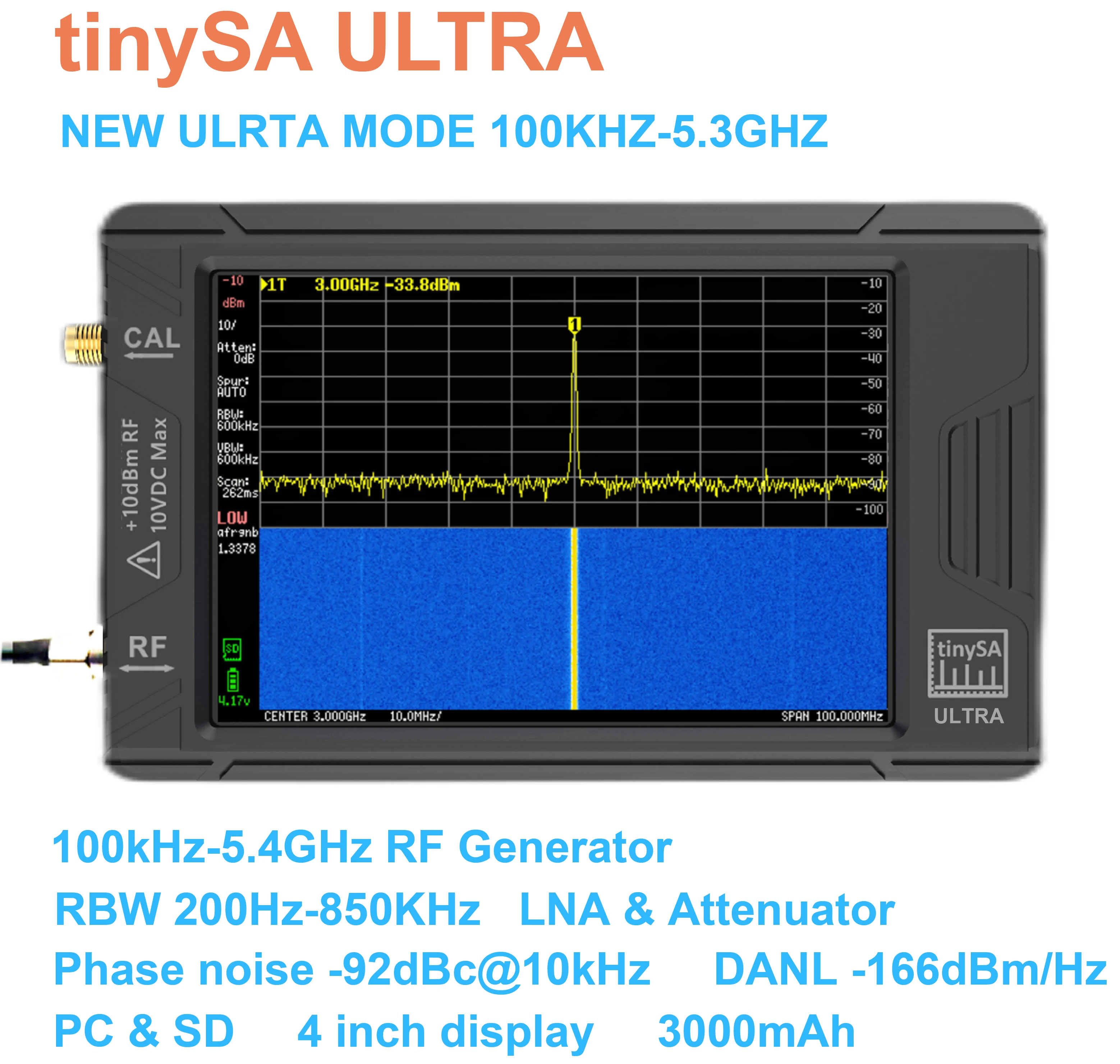 Originele Tinysa Ultra 100Khz-5.3Ghz 4Inch Display Hand Held Tiny Spectrum Analyzer Rf Generator Met Batterij