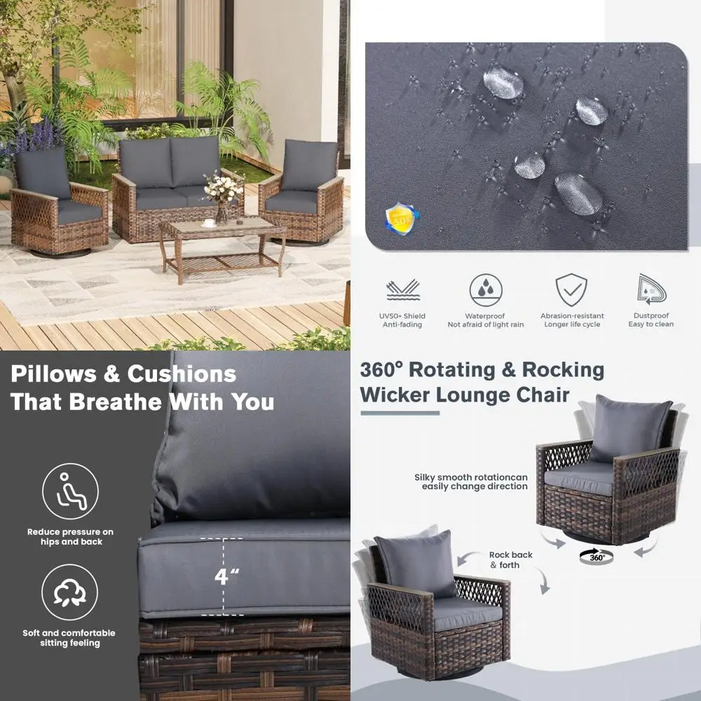 Patio Furniture Set: 4-Piece Outdoor Swivel Glide Chairs, Loveseat, Coffee Table, Weather-Resistant Conversation Area