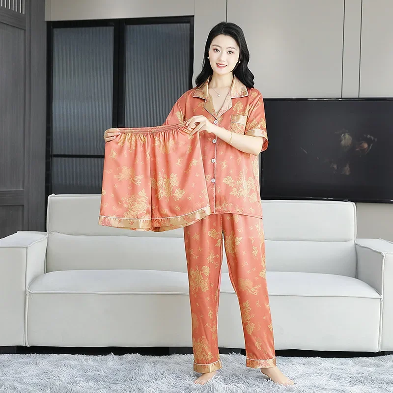 

Luxury Silk Sleepwear Three-piece Set Women Pajamas Sets Jacquard Loungewear Underwear Lingerie Cardigan Pants Loose Casual