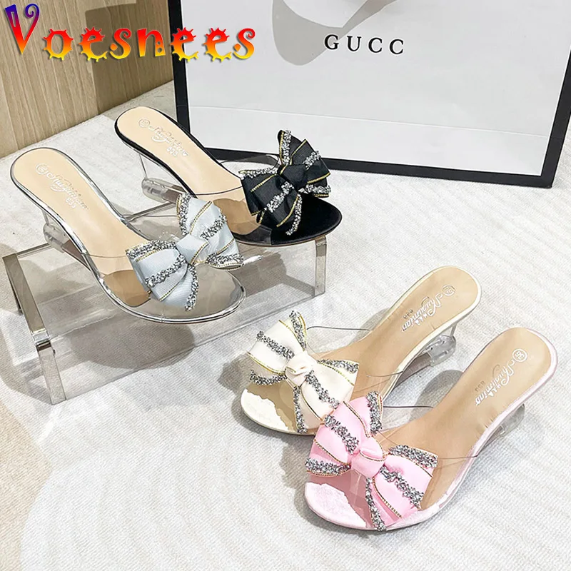 Summer Transparent Wedges Party Sandals Fairy Style Crystal Shoes Glitter Bow High Heels Slippers Comfort 8CM Street Women Pumps