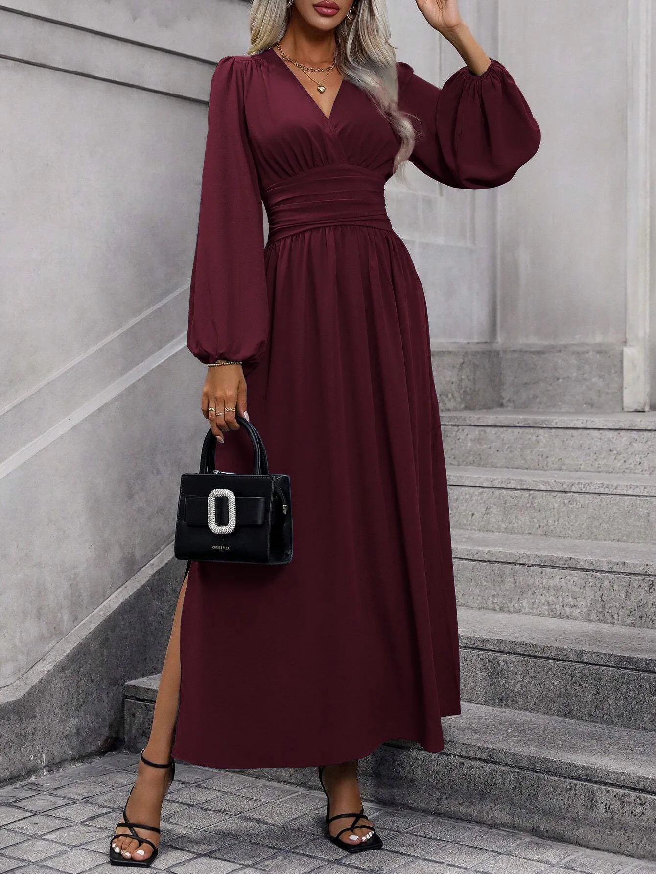 Französisches Retro-Kleid mit Laternenärmeln und Schlitz für Damen, Winter 2025, Strick-Bodycon-Maxikleid – Detail 24