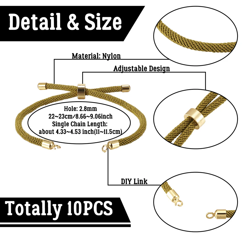 10Pcs Nylon Twisted Cord Bracelet Making Adjustable Slider Bracelets with Brass Findings For DIY Jewelry Making Accessories