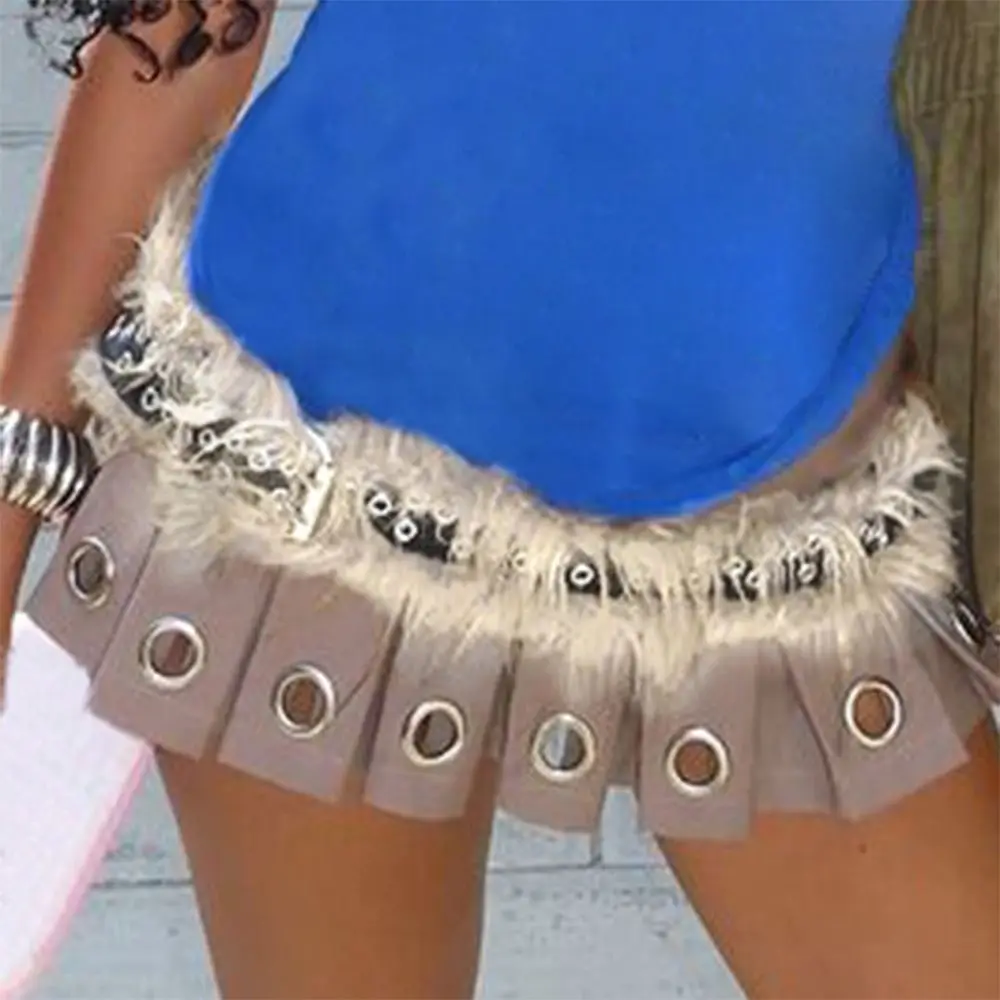 กางเกงยีนส์กางเกงตกแต่ง PU หนัง Punk Fur เข็มขัดโลหะ Studded Super Soft Hiphop กางเกงยีนส์เข็มขัด Y2K Warm เข็มขัด