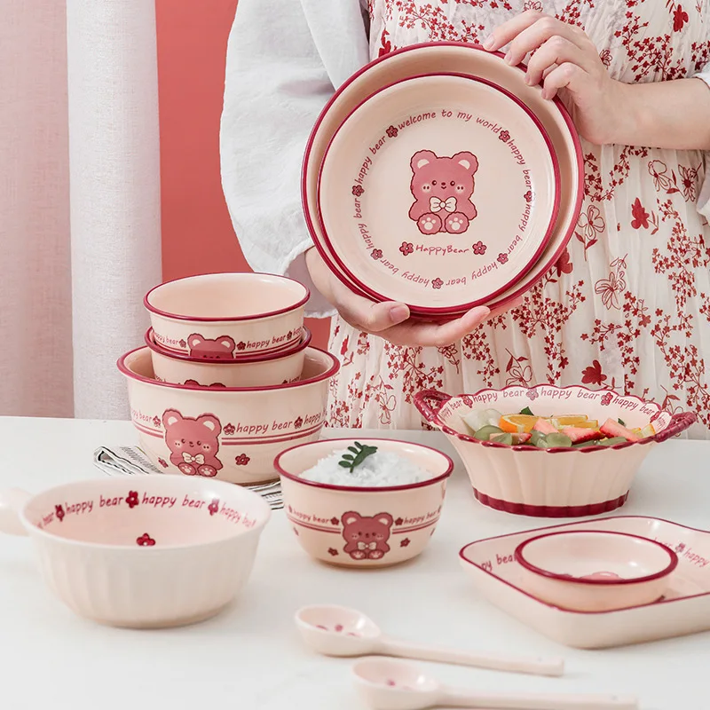 Ins Pink Panda Ceramics Tableware Cute Cartoon Spoon Soup Bowl Breakfast Dinner Salad Pasta Meal Plate Sets Children Porcelain