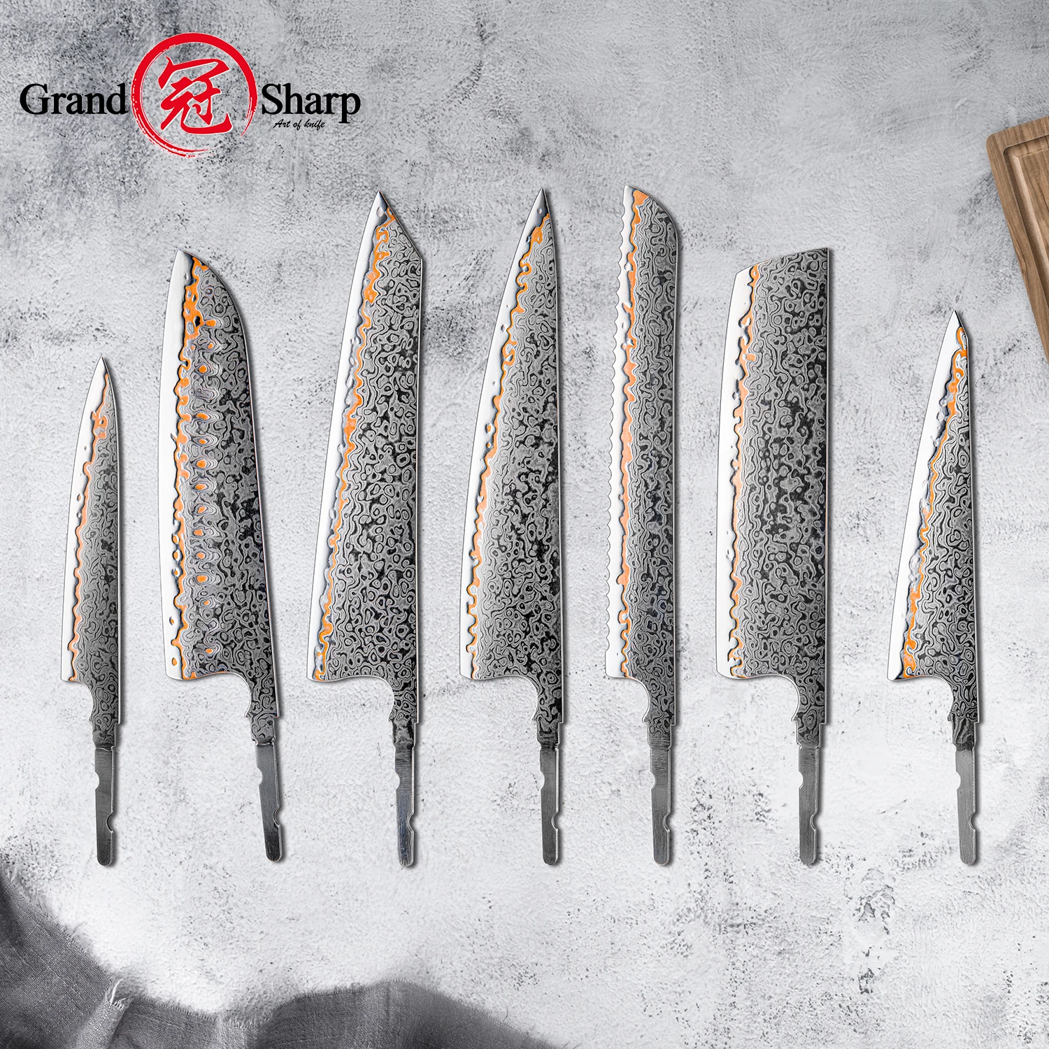 Grandsharp 1-7PCS Damascus Blades Set 55 Layers Copper Damascus Steel DIY Knife Making Blades Forging Craft Without Handle