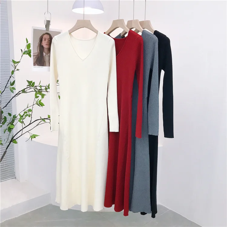 7385 otoño nuevo Melad estilo minimalista falda acampanada drapeada de gama alta Color sólido cuello en V vestido de punto de manga larga