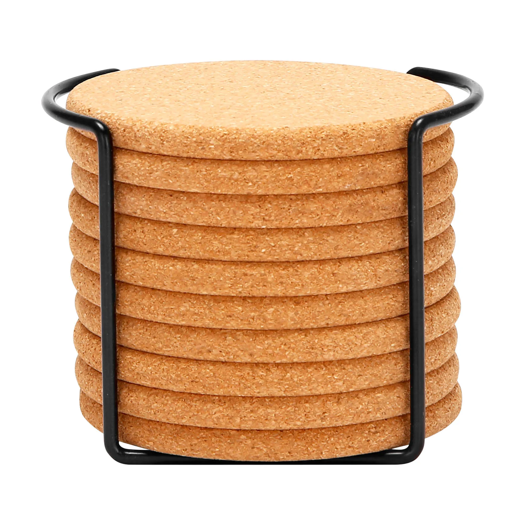 Round Cork Coasters for Drinks,with Metal Holder Storage Caddy,Reusable Saucers for Cold Drinks Wine Glasses Cup