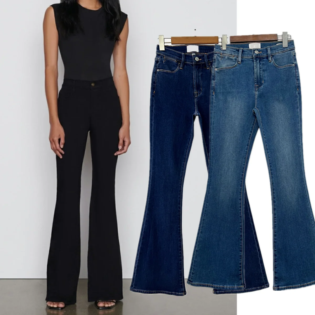 

Jenny&Dave Fashion Ladies Minimalist Women's Jeans Washed Blue High Waist Slim Fit Denim Pants Long Flared Jeans For women